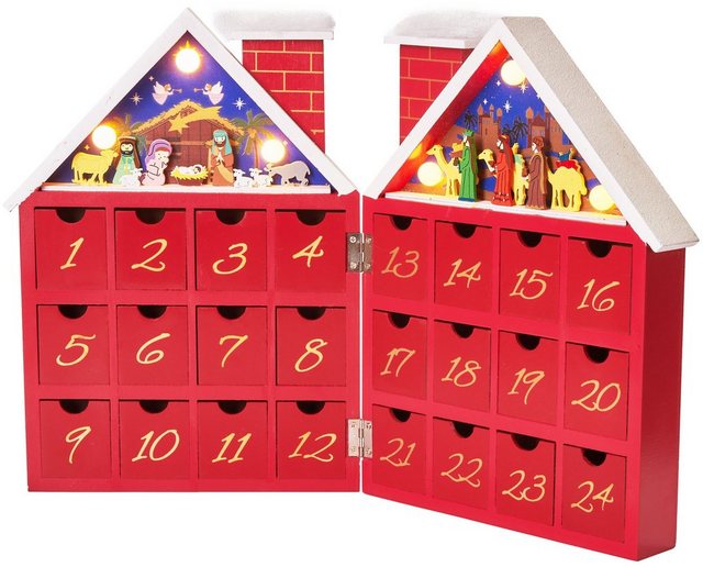 BRUBAKER befüllbarer Adventskalender Weihnachtskalender zum Befüllen - Kalender Weihnachten 21 x 9 x 30 cm (Wiederverwendbar, 1-tlg), Weihnachtshaus Krippenspiel Rot - LED-Beleuchtung