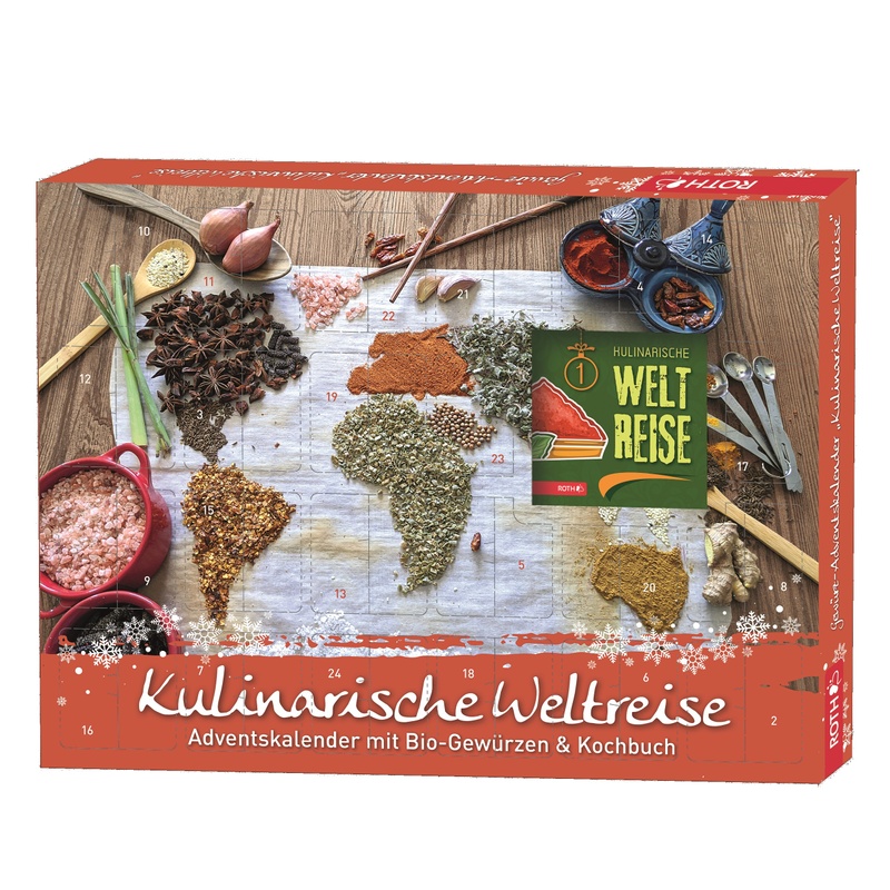 Kulinarische Weltreise Adventskalender mit Bio-Gewürzen (24 x 5g + Kochbuch)
